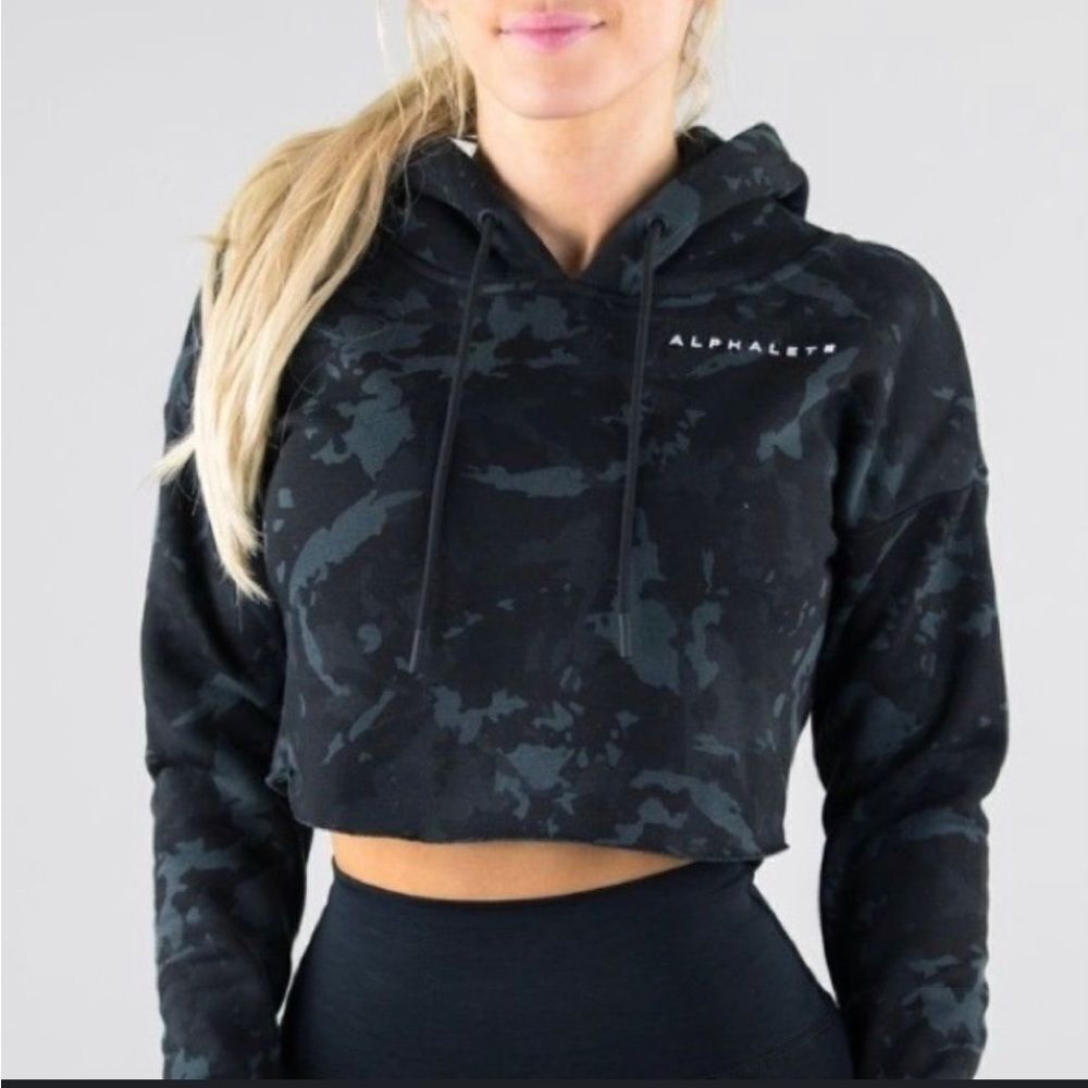 Alphalete Cropped Camo Hoodie Black Gray Size M